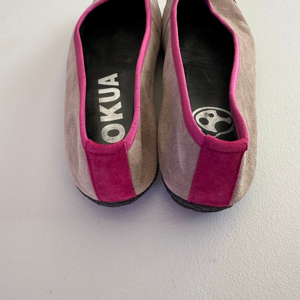 Kokua Barcelona Taupe Suede Ballet Flats Pink Trim Snake Cap Toe Shoes Size 38 - Picture 5 of 7